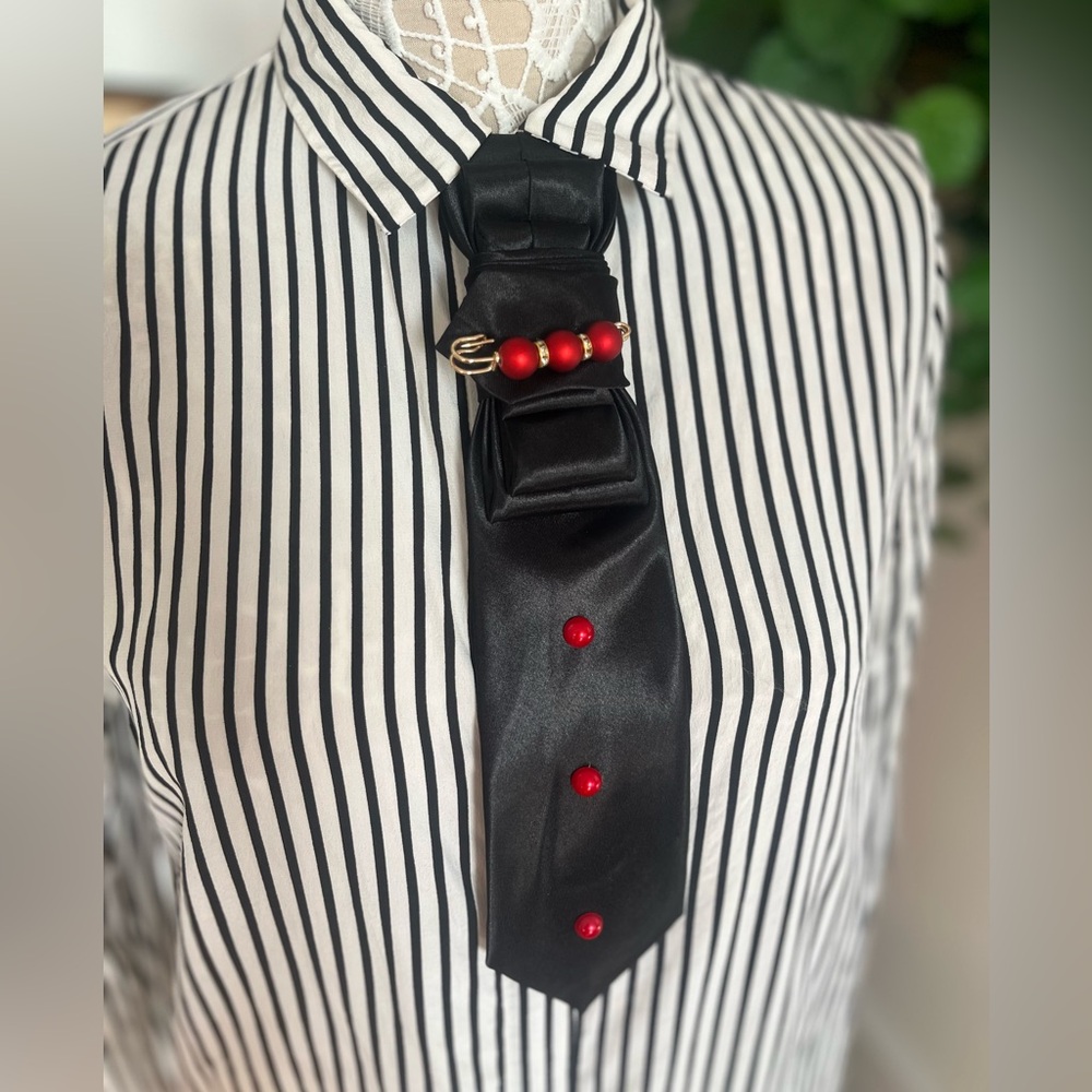 Hand design unique Black Satin Tie with Red Bead and brooch Accents